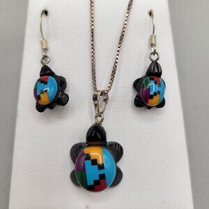 Zuni Fetish Turtle Necklace Earrings Set Jet Faux Stone Overlay